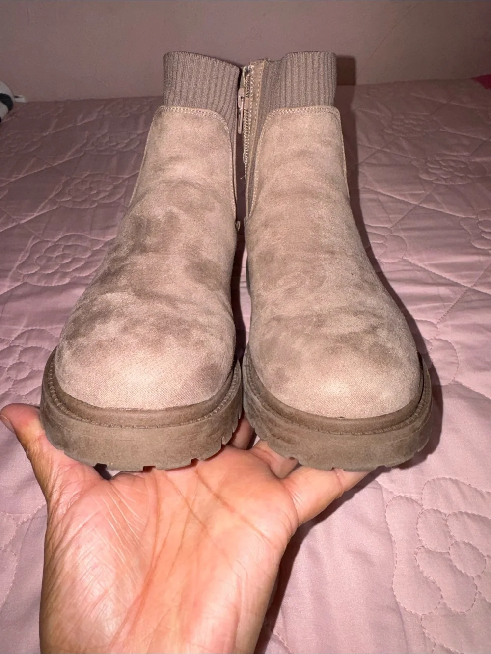 Steve Madden Taupe Suede Ankle Boots with Knit Cuff & Glitter Panel